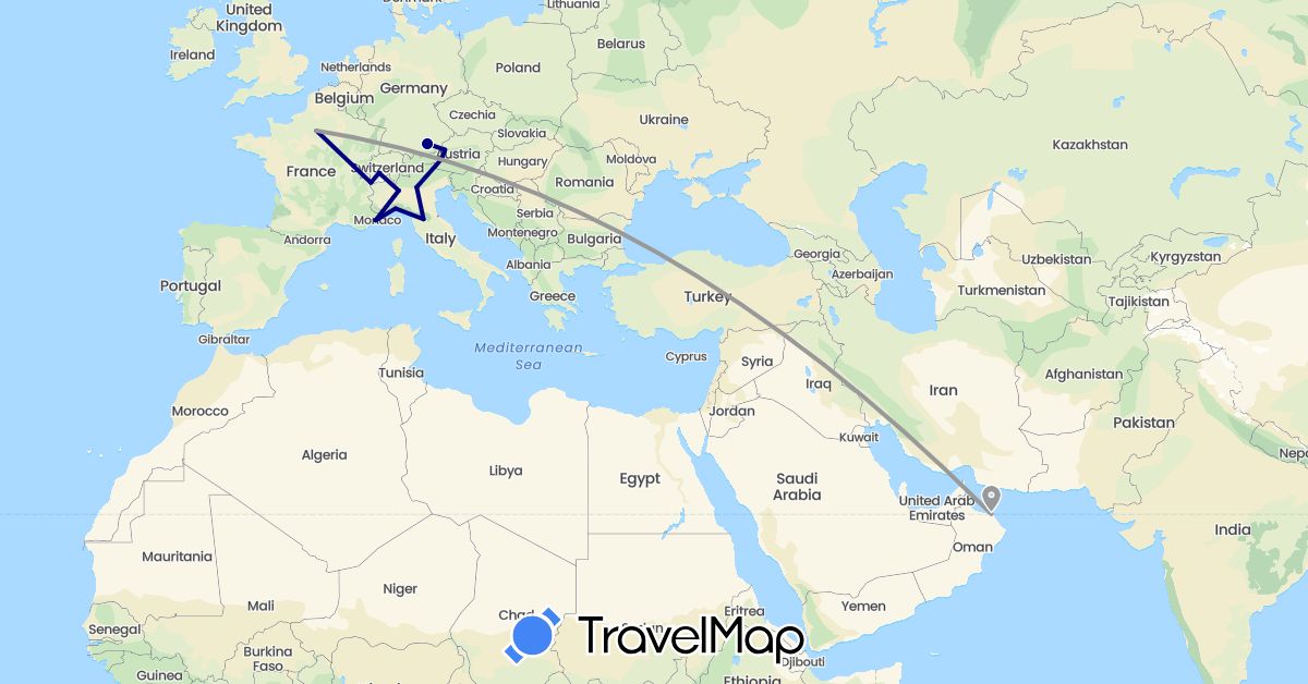 TravelMap itinerary: driving, plane in Austria, Switzerland, Germany, France, Italy, Oman (Asia, Europe)